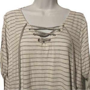 French Laundry Women's Large White Striped Crosstie V Neck Short Sleeve Top
